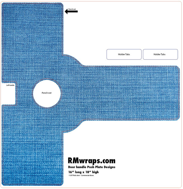 Blue door handle push plate design with labeled parts on a white background, featuring RMwraps.com branding.