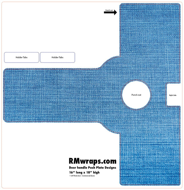 Blue textured push plate design with labeled parts and RMwraps.com branding.