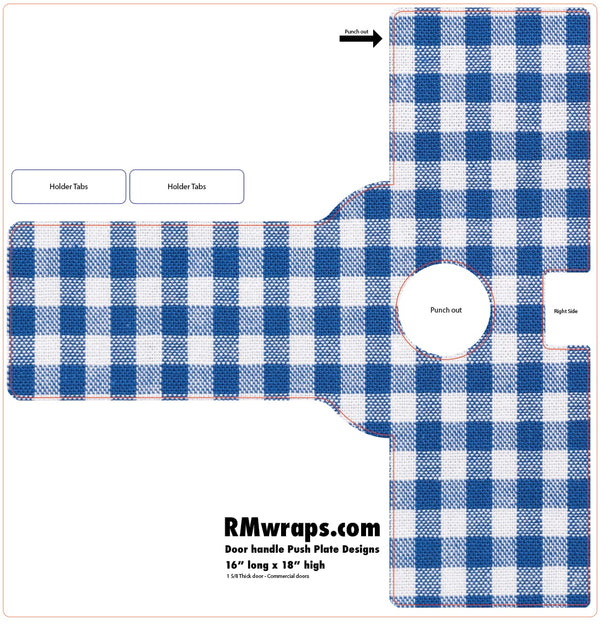 Blue and white checkered door handle push plate design with cut-out instructions on a white background.