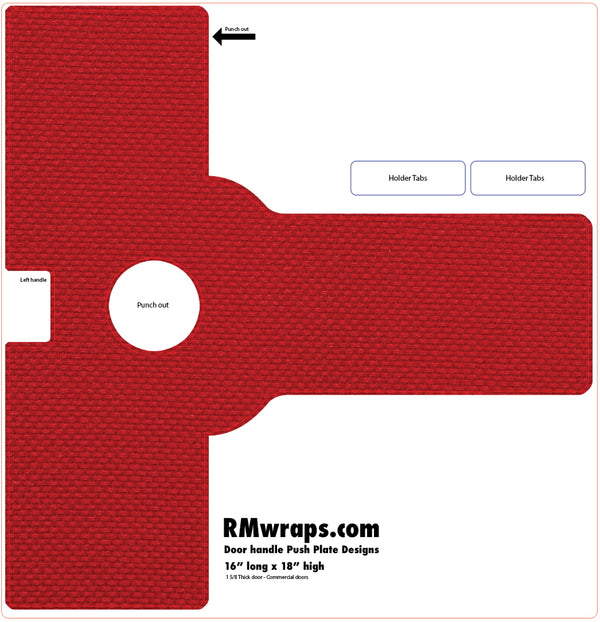 Red door handle push plate design template with text and branding on a white background