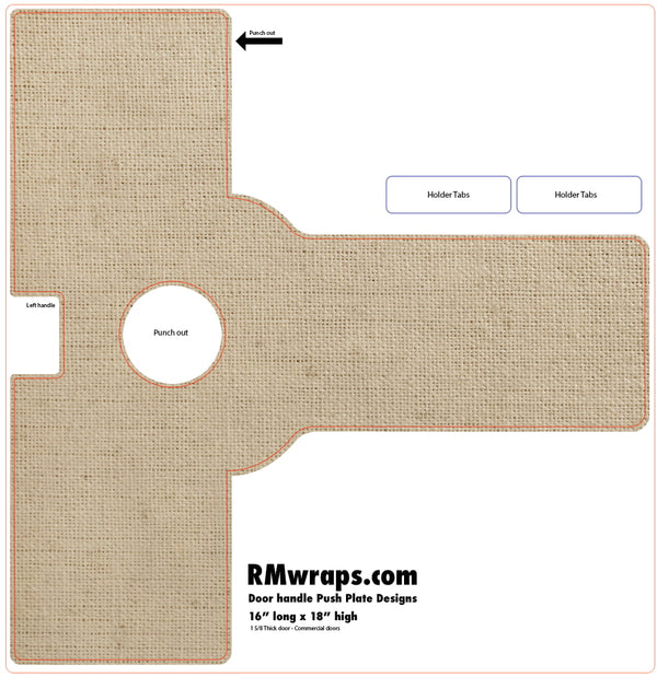 Design template for a door handle push plate with 'RMwraps.com' branding.