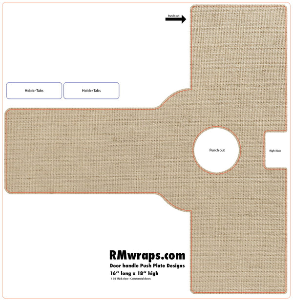 Design template for a door handle push plate with dimensions and RMwraps.com branding.
