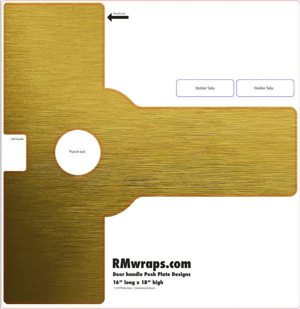 Gold vinyl wrap design template with cutout and holder tabs on a white background, featuring RMwraps.com branding.