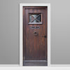 Wooden door with glass panel and mail slot on a gray background