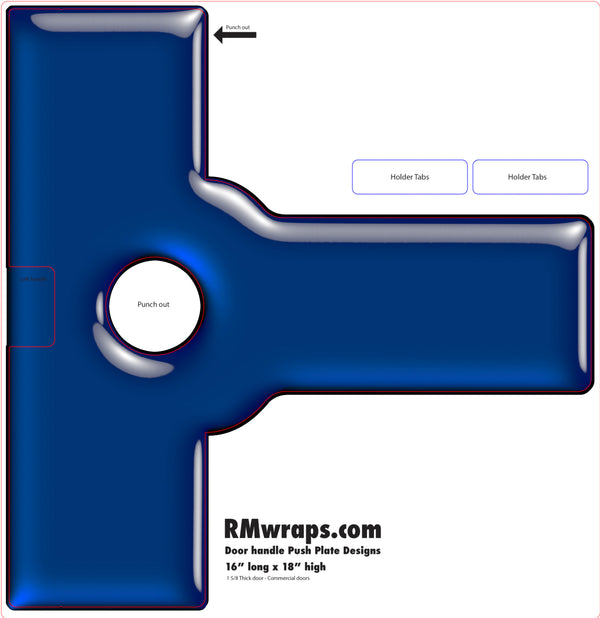 Blue door handle push plate design with text and branding on a white background