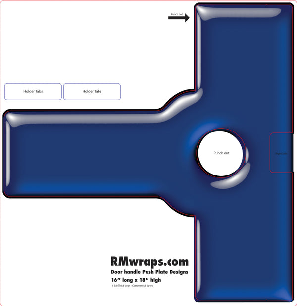Blue and silver push plate design with 'RMwraps.com' branding on a white background