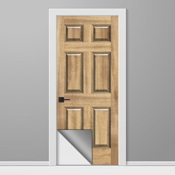 Wooden door with a reflective strip on a gray background
