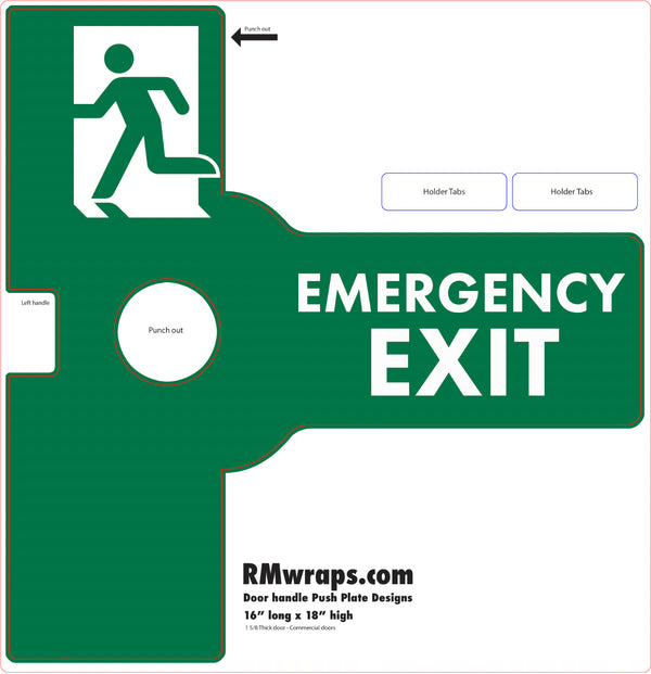 Emergency exit sign with running person symbol on a white background, featuring RMwraps.com branding.