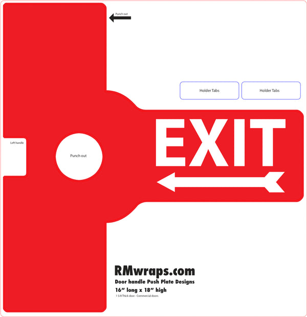Red exit sign with white text on a white background, featuring 'RMwraps.com' branding.