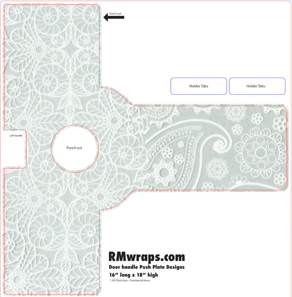 Design template for a door handle push plate with paisley pattern, labeled RMwraps.com.