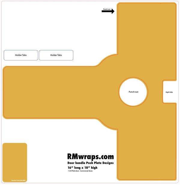 Yellow push plate design with labeled parts and RMwraps.com branding