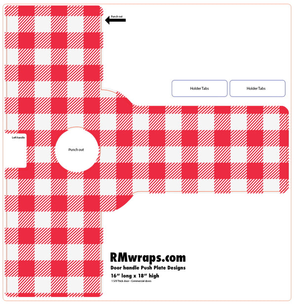 Red and white checkered door handle push plate design with RMwraps.com branding.
