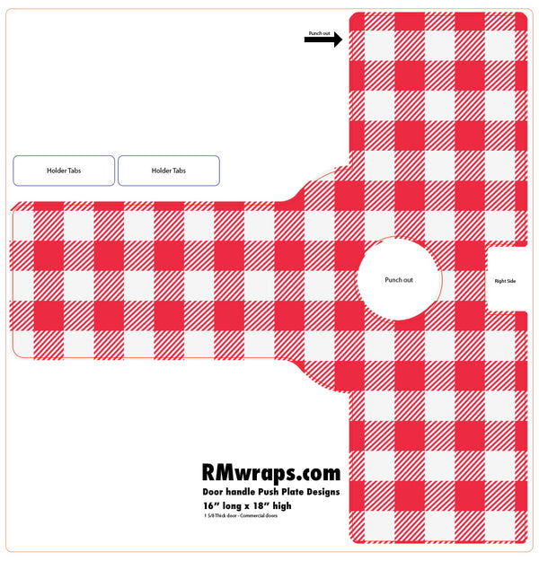 Red and white checkered door handle wrap design with cutout instructions on a white background.