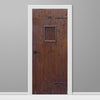 Wooden door with a lattice design on a gray background
