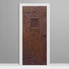 Wooden door with a lattice design on a gray background