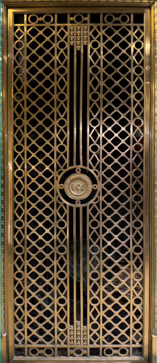 Decorative metal grille with a central emblem on a dark background