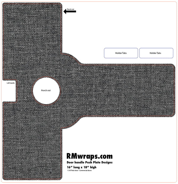 Template for a door handle push plate with labeled parts and dimensions, featuring RMwraps.com branding.