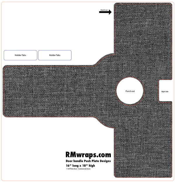 Design template for a door handle push plate with labeled parts and dimensions, featuring RMwraps.com branding.