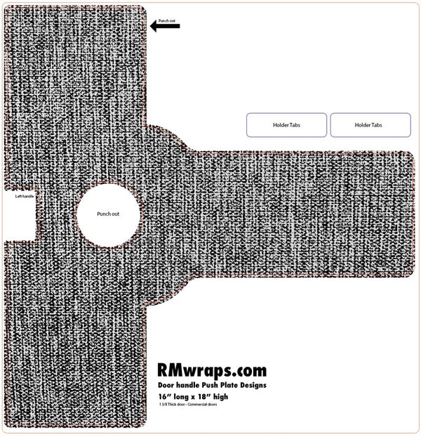 Design template for a door handle push plate with 'RMwraps.com' branding.