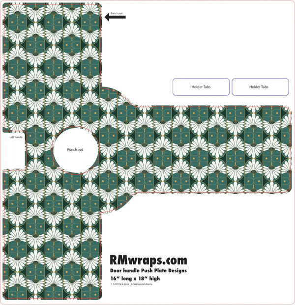 Door handle push plate design with green and white floral pattern, labeled RMwraps.com.