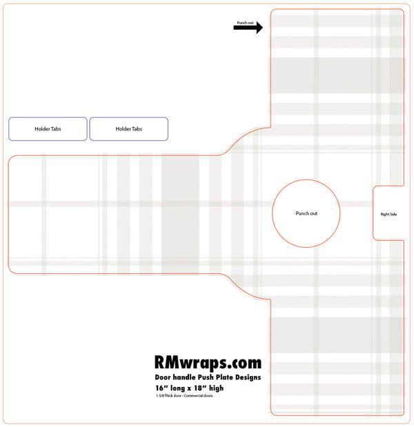 Design template for a door handle push plate with grid lines and cut-out areas, sourced from RMwraps.com.