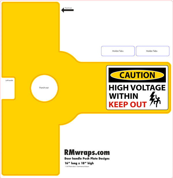 Yellow door handle push plate with safety warning label and RMwraps.com branding.