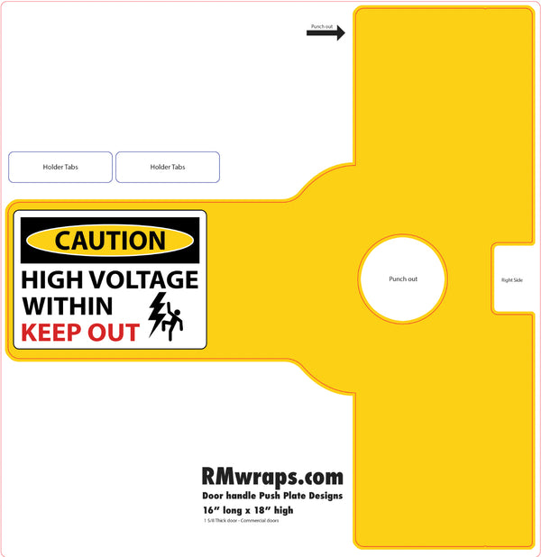 Yellow door handle pack plate with caution label for high voltage, featuring RMwraps.com branding.