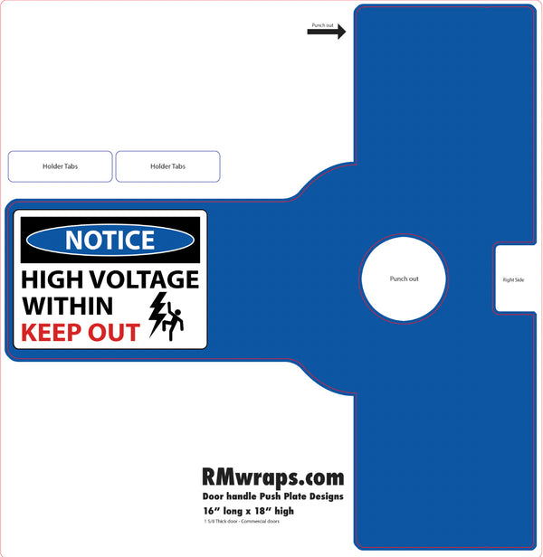 Blue door handle post plate design with safety label for high voltage warning.