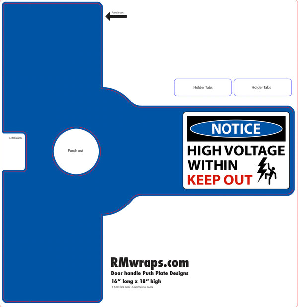 Blue door handle pack plate design with high voltage warning label on a white background