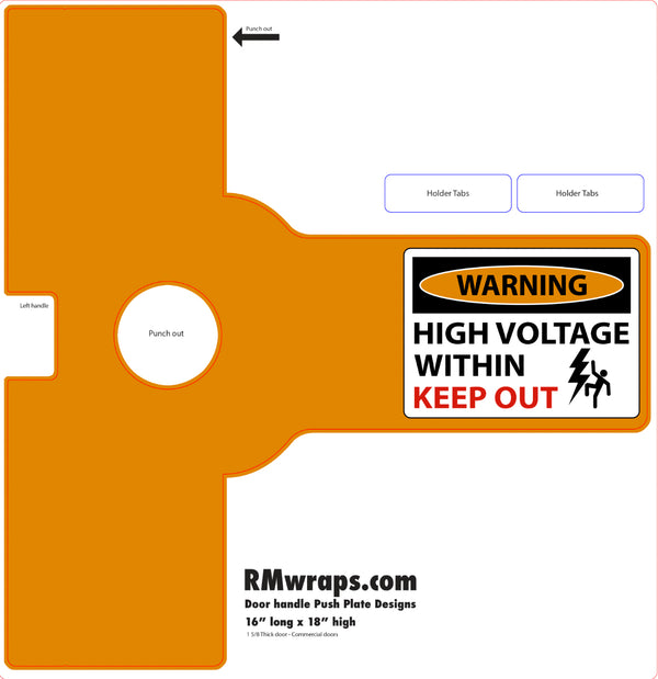 Orange door handle pack plate with warning label and RMwraps.com branding
