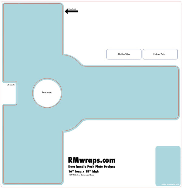 Design template for a door handle push plate with labeled parts and dimensions, sourced from RMwraps.com.