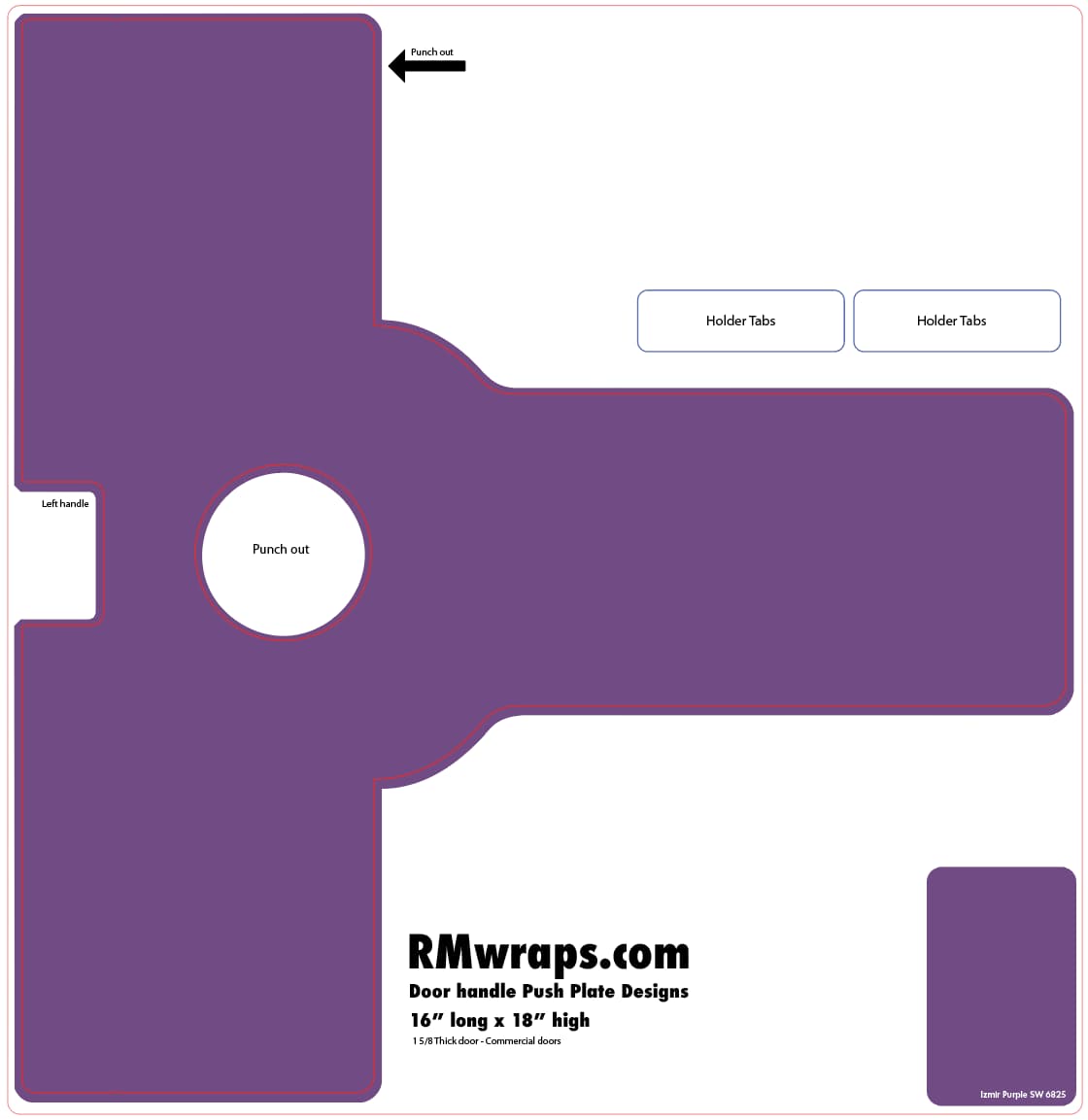 Purple door handle push plate design template with text and branding on a white background