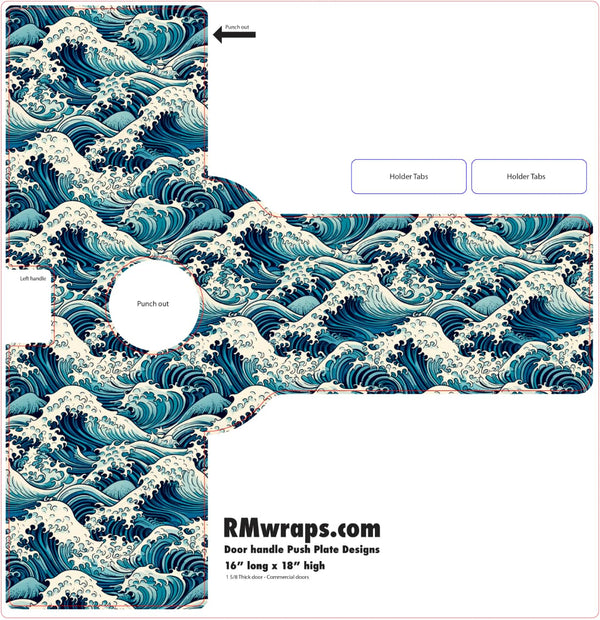 Decorative door handle push plate with wave design and RMwraps.com branding.