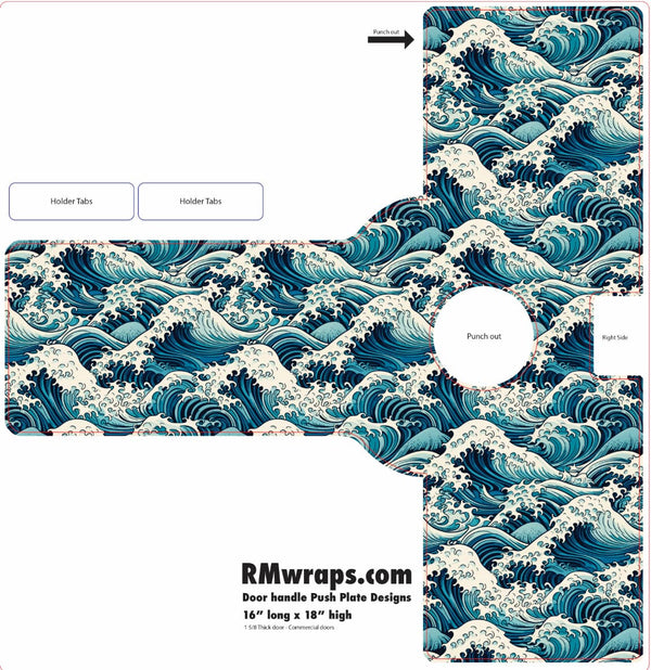 Decorative door handle plate with wave pattern and RMwraps.com branding.
