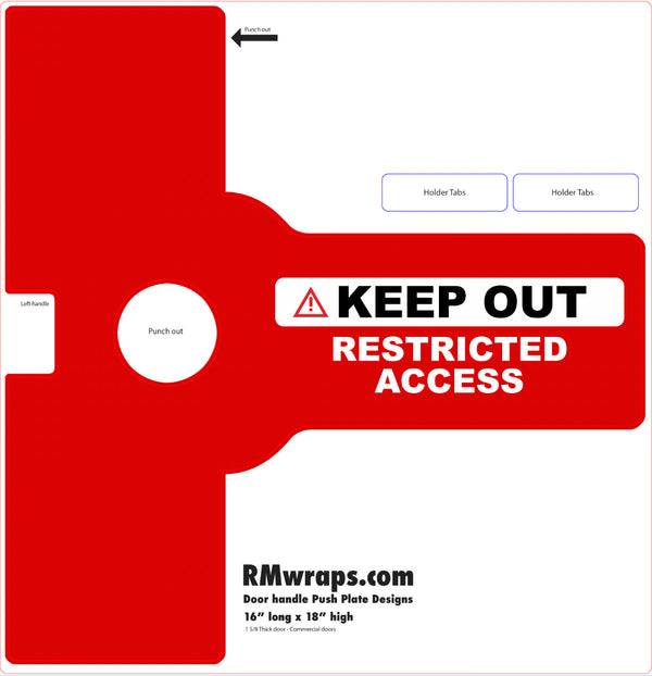 Red 'Keep Out' restricted access door handle wrap with text and branding on a white background