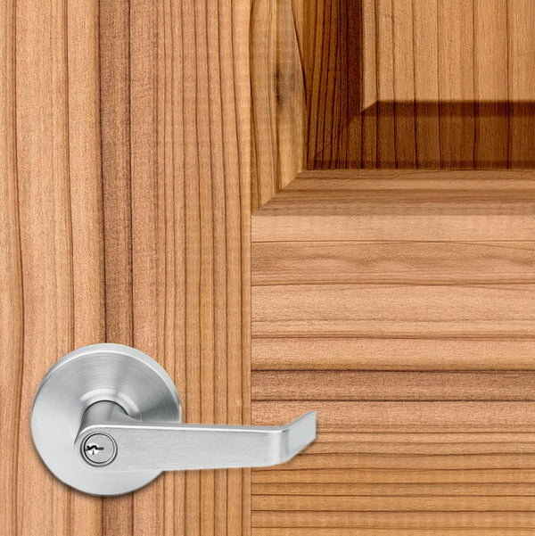 Wooden door with a silver door handle