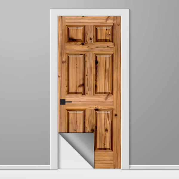 Wooden door with a reflective strip on a gray background