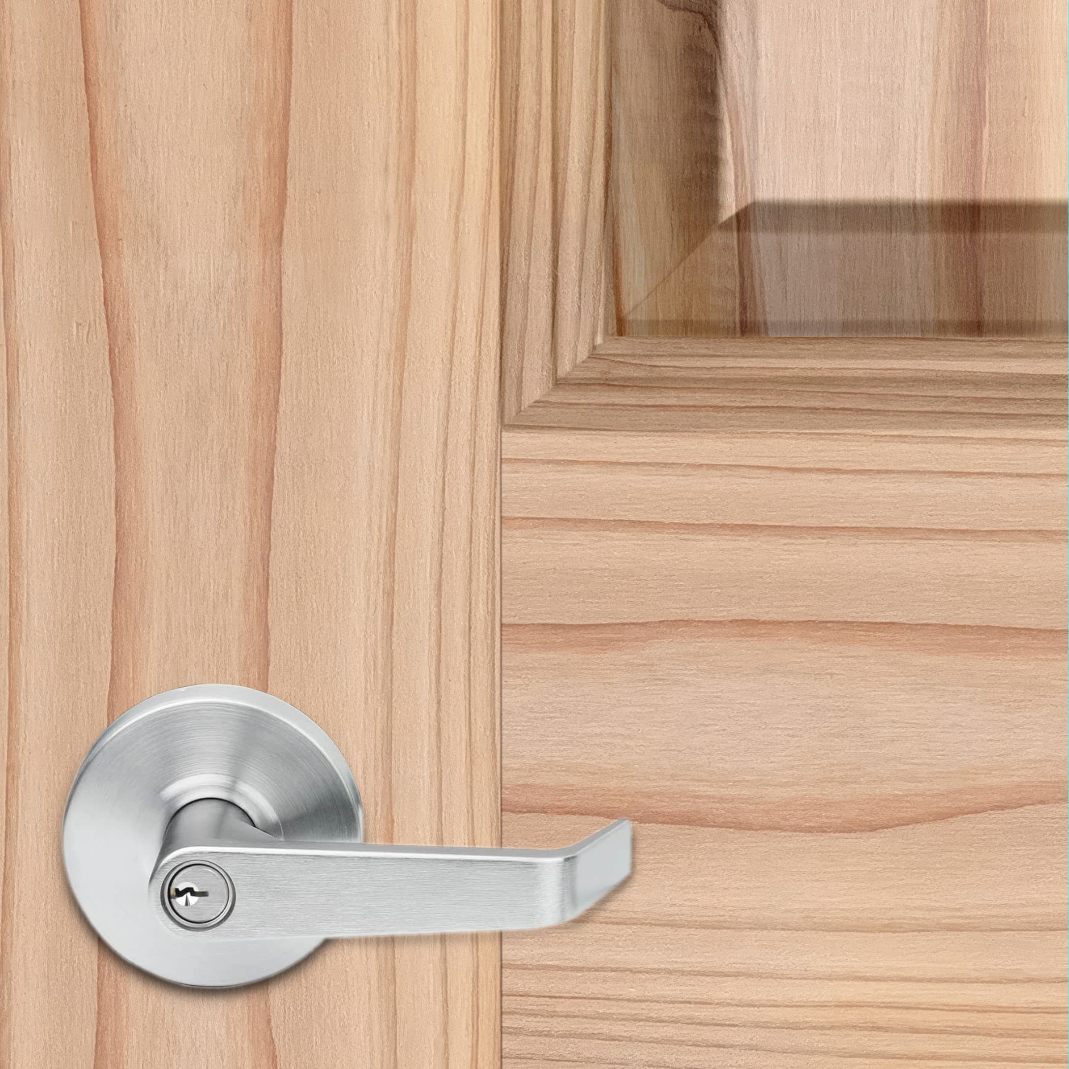 Wooden door with a silver door handle
