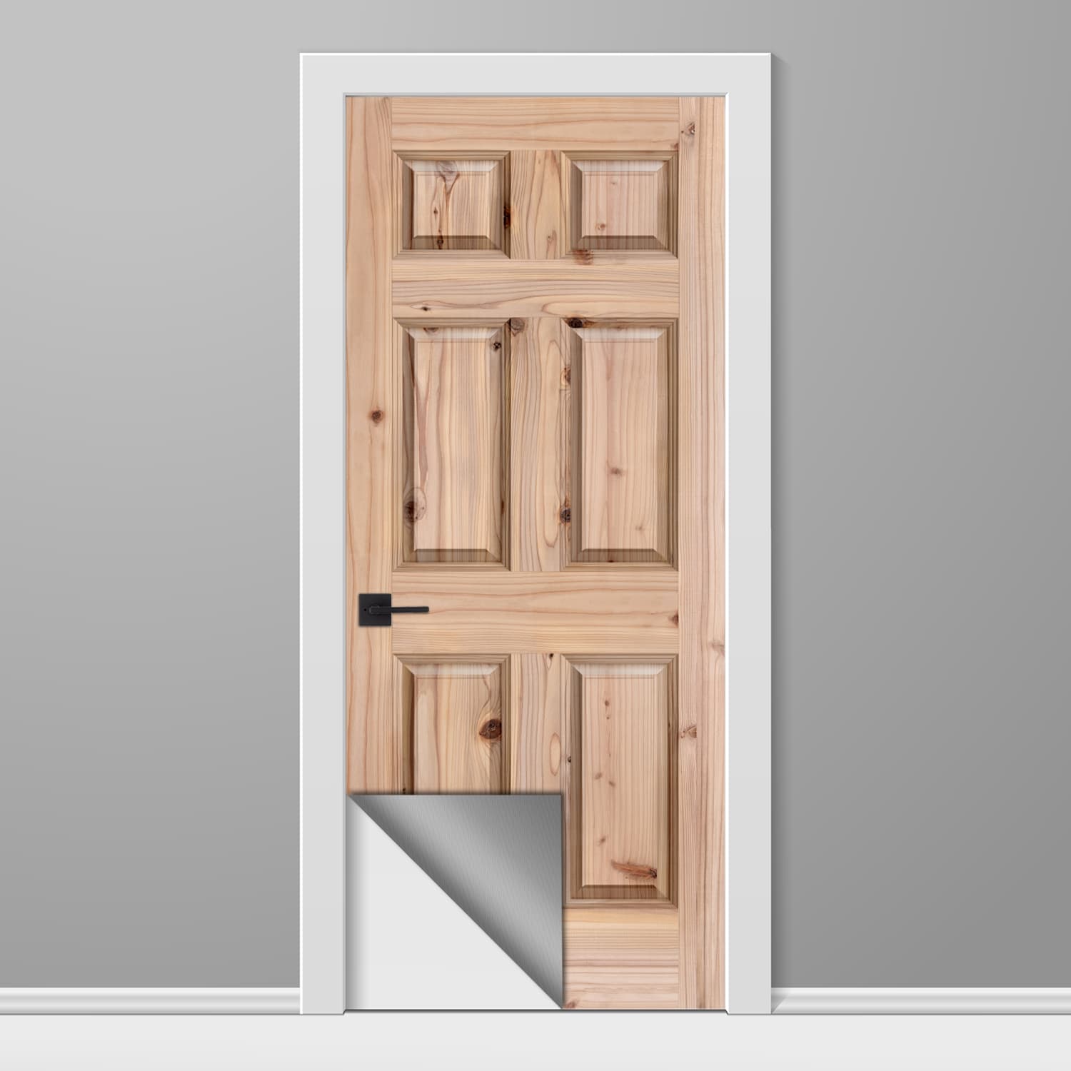 Wooden door with a white frame on a gray background