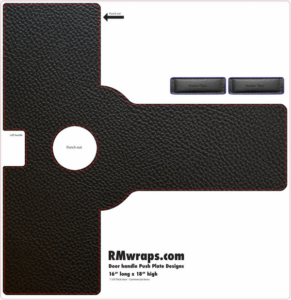Black leather door handle wrap template with cutout instructions on a white background
