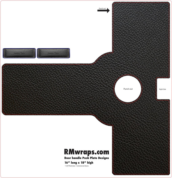 Black leather door handle wrap design with cut-out instructions on a white background