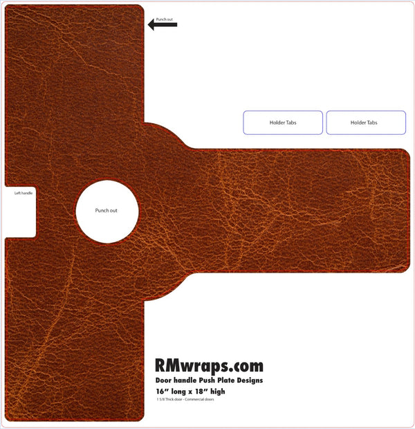 Brown leather door handle push plate design with 'RMwraps.com' branding on a white background
