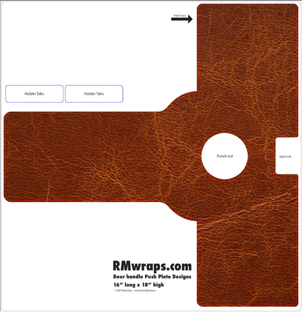 Brown leather door handle push plate design with cut-out area on a white background, featuring RMwraps.com branding.