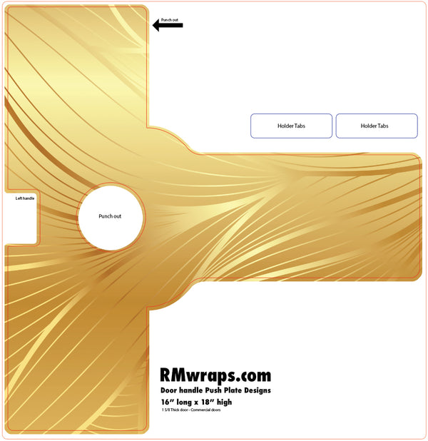 Gold door handle push plate design with 'RMwraps.com' branding on a white background