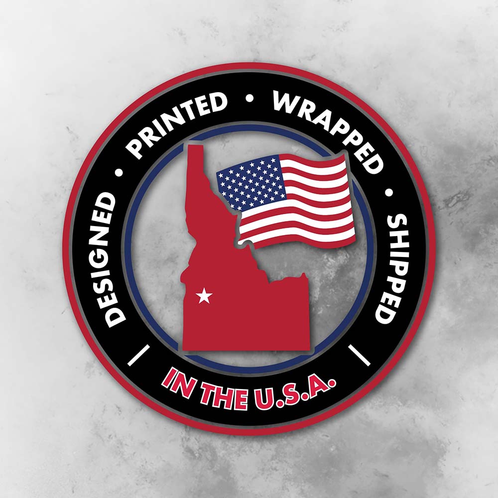 Circular badge with American flag and Idaho outline on a gray background