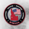 Circular badge with American flag and Idaho outline on a gray background