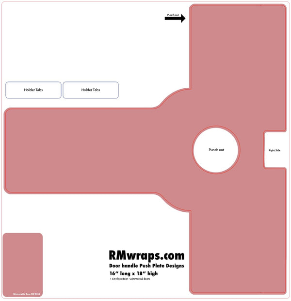 Pink push plate design template with cut-out areas and 'RMwraps.com' branding.