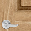 Close-up of a wooden door with a silver door handle.