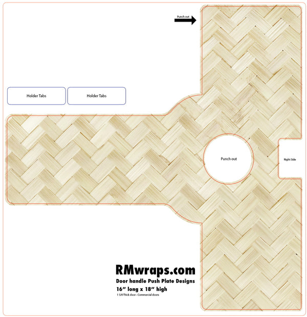 Design template for a door handle push plate with herringbone pattern and RMwraps.com branding.