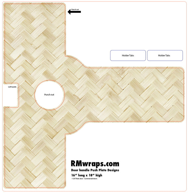 Design template for a door handle push plate with herringbone pattern and RMwraps.com branding.
